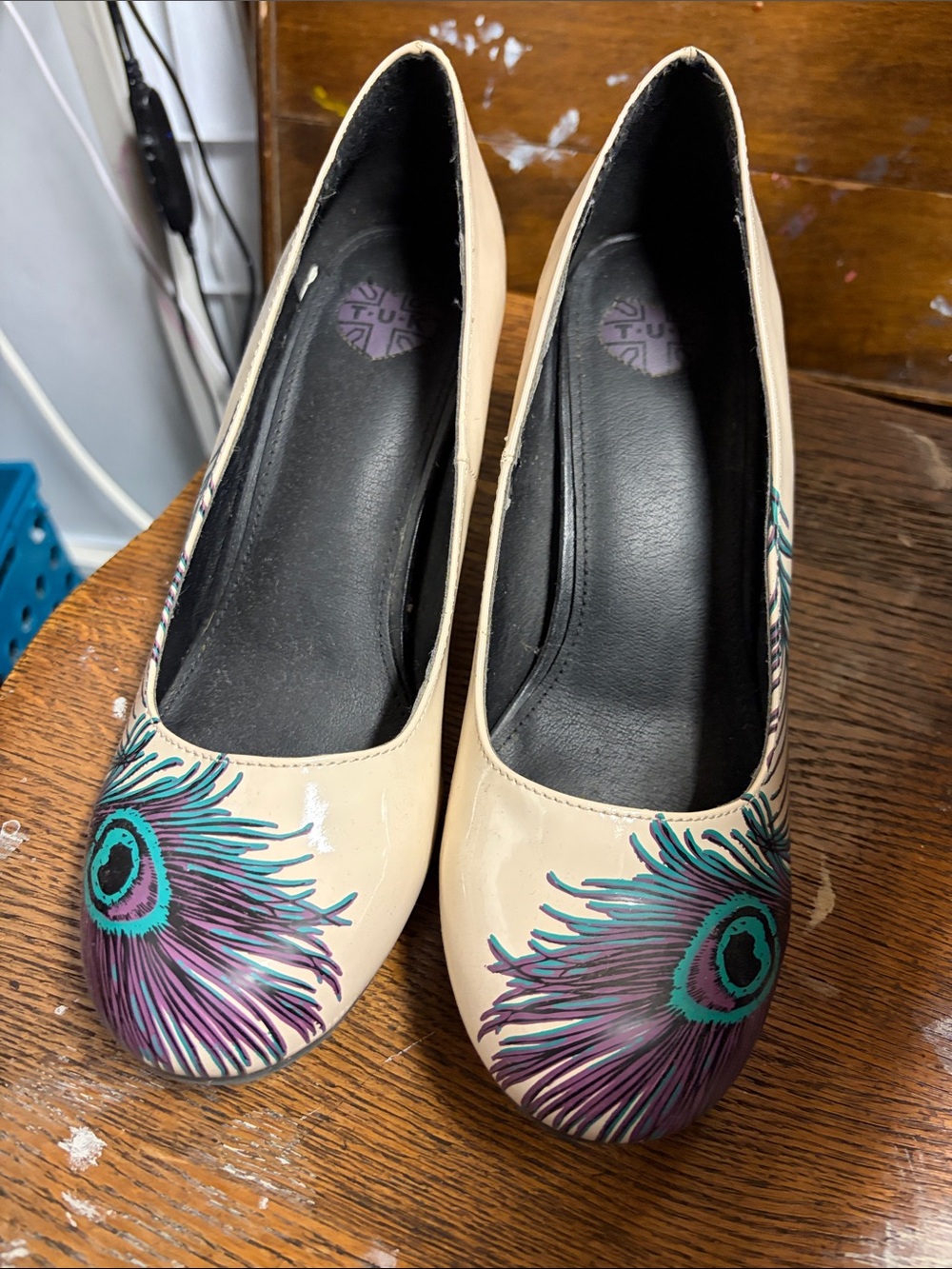 T.U.K Beige Pumps with Teal and Purple Peacock Feather Accents